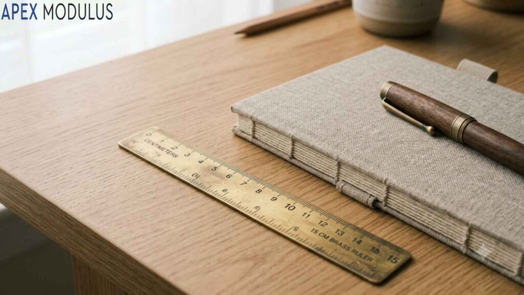 Close-up of 20 cm a brass ruler, linen-bound notebook, and fountain pen resting on a light oak desk.
