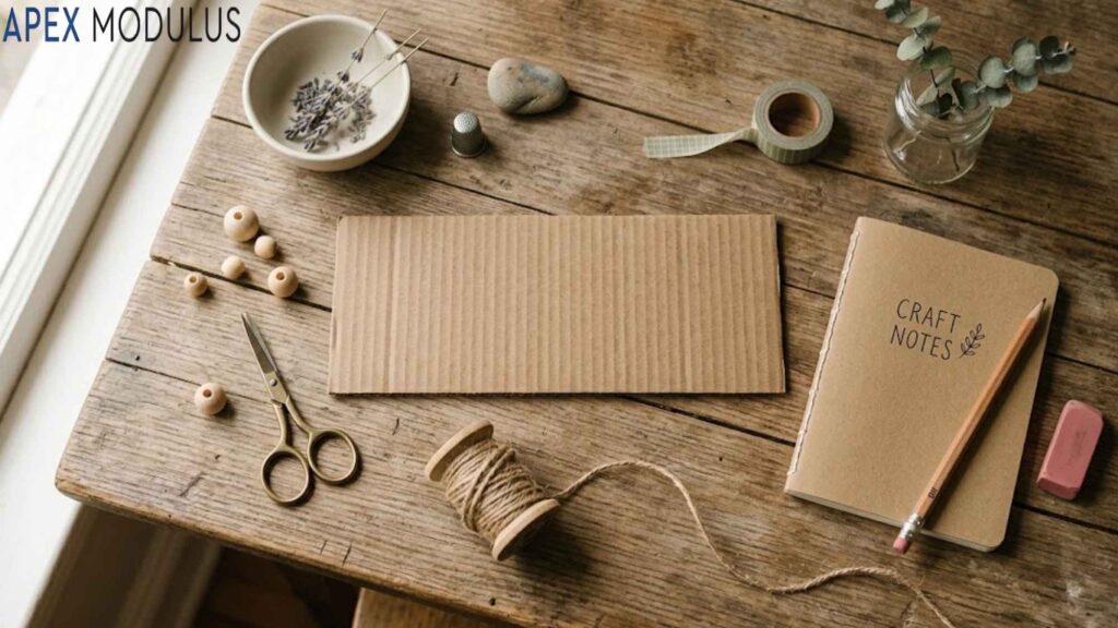 Flat lay of 20 cm twine, scissors, lavender, and a notebook on a rustic wooden table with central corrugated cardboard.