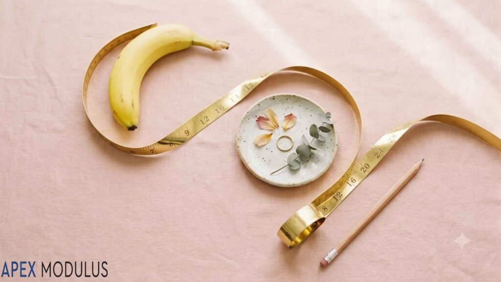 Flat lay arrangement of a yellow banana, a golden measuring tape, a small plate with a ring and dried flowers, and a pencil on pink textured fabric.