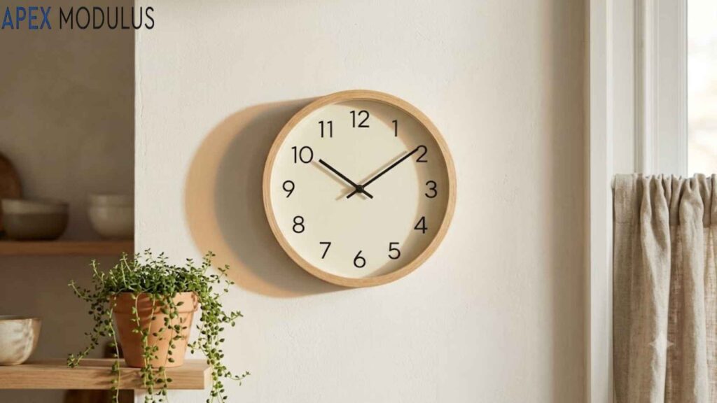 Round wooden wall clock and potted trailing plant.