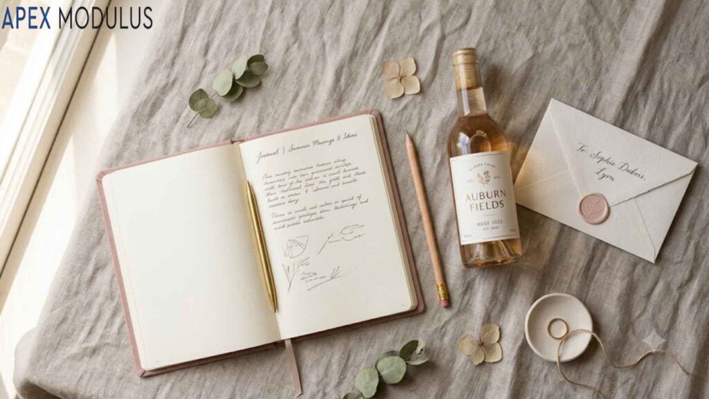 Curated flat lay of a 20 cm open journal, a bottle of rosé wine, and a sealed envelope on grey linen.