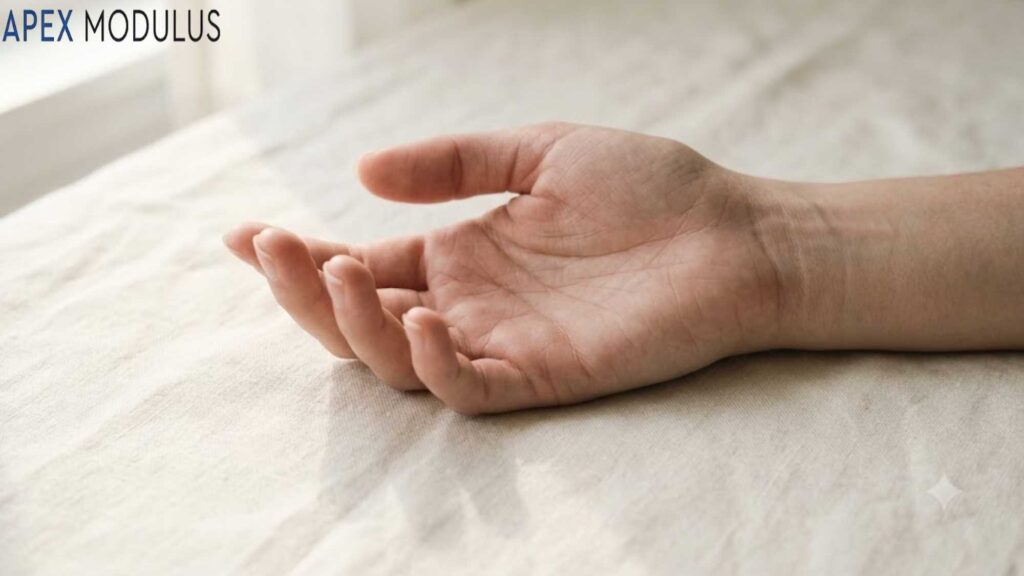 An open, resting human palm on textured beige linen fabric.
