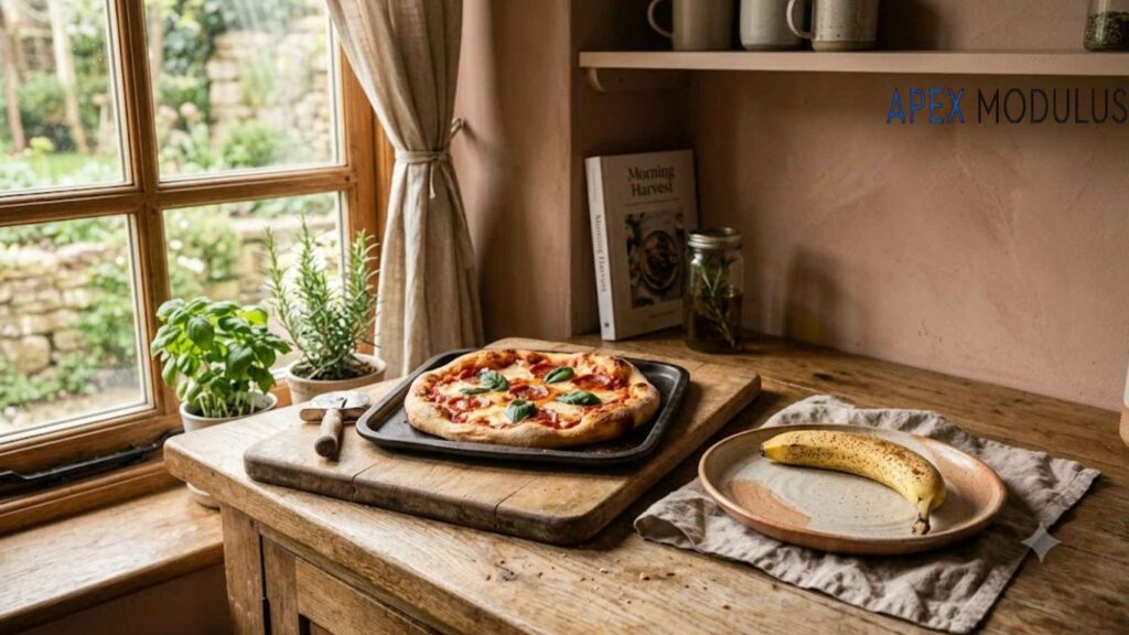 A 20 cm pepperoni pizza and a banana on a rustic wooden counter in a cozy kitchen.