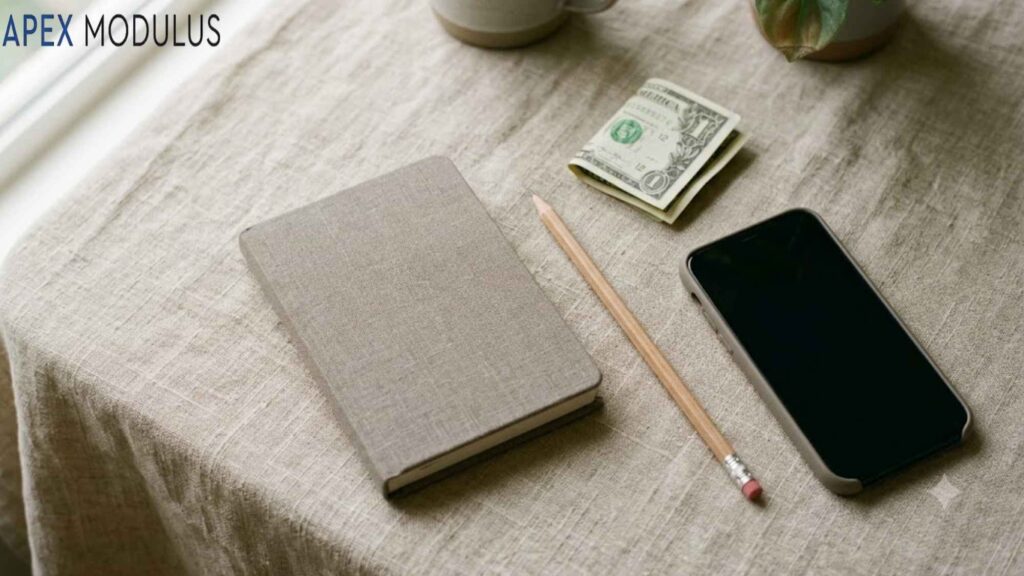A 20 cm notebook, folded US currency, a wooden pencil, and a smartphone on a textured table.