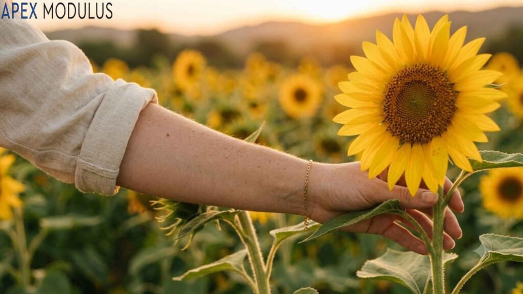 A person's arm reaching out to gently touch a blooming sunflower in a field at sunset.