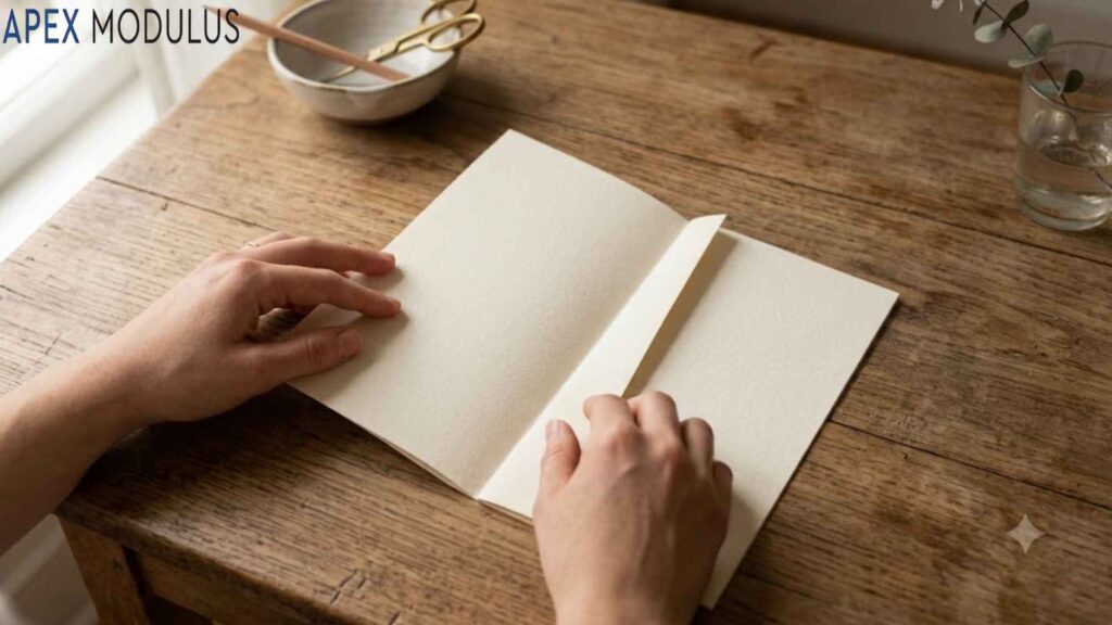 Hands holding open a paper notebook on a rustic wooden table.