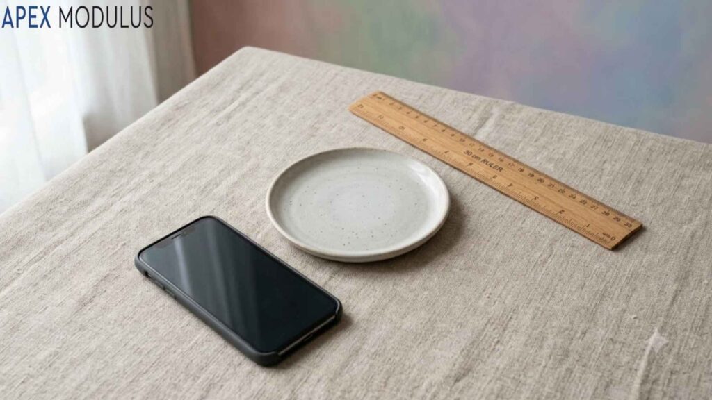 A smartphone, a small ceramic plate, and a wooden ruler resting on a textured linen surface.