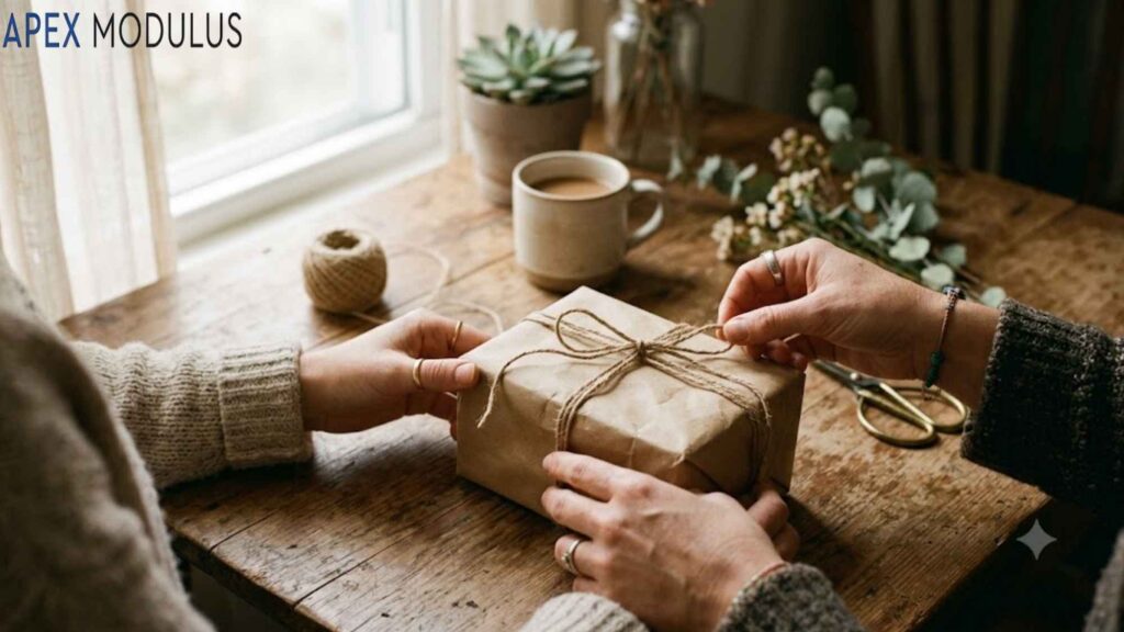 Hands tying twine around a craft paper package on a wooden table.