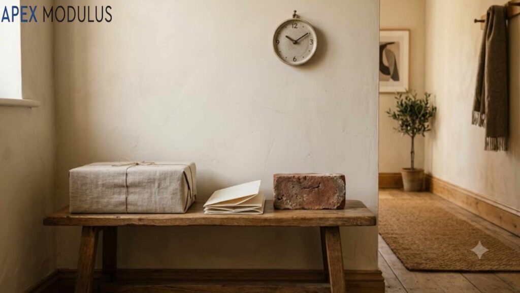 A 20 cm linen-wrapped box, a small ceramic clock, folded paper, and a brick resting on a rustic wooden bench in a softly lit hallway.