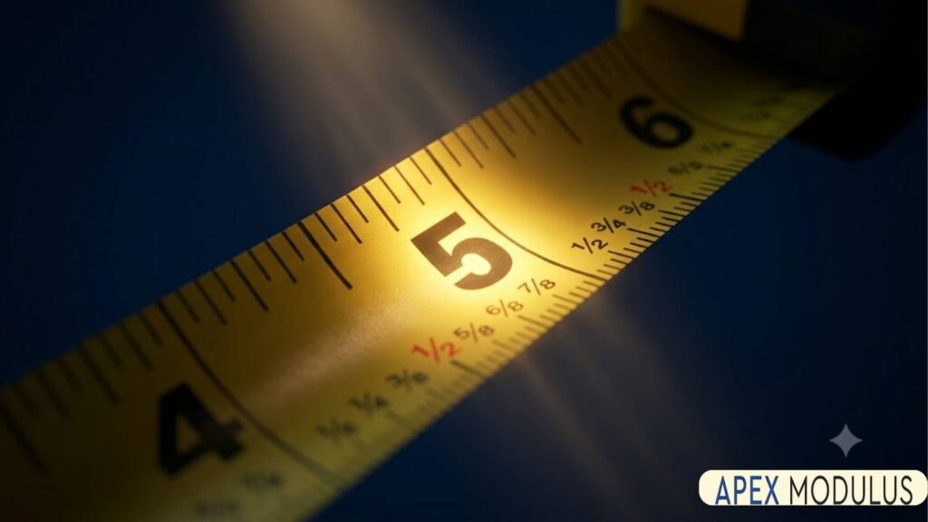 Macro close-up of a yellow tape measure set against a dark navy background.
The 5-inch mark is sharply in focus, illuminated by a warm, glowing spotlight.