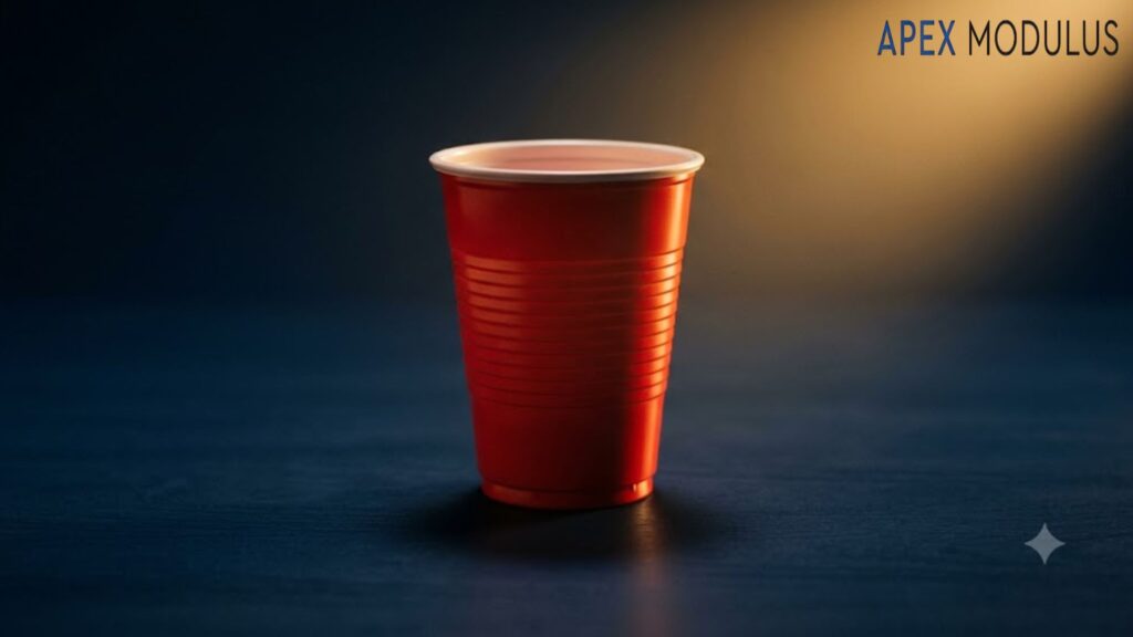 A 5 inches red plastic party cup standing on a dark navy surface under a warm, spotlight.