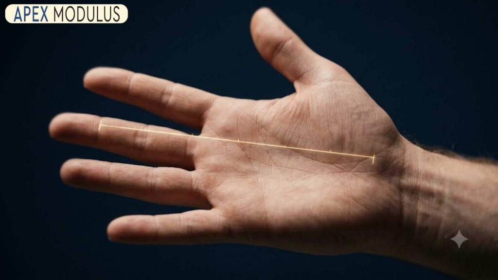 Close-up of an open human hand with fingers spread against a dark navy background.
A thin, glowing golden line traces a 5-inch distance across the palm and fingers.