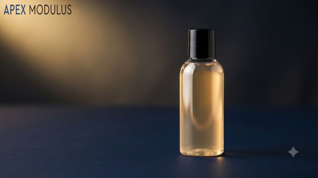 A clear 5 inches plastic travel bottle with a black cap, containing a light amber liquid, stands on a dark navy surface. Warm light from the upper left illuminates the bottle and surface