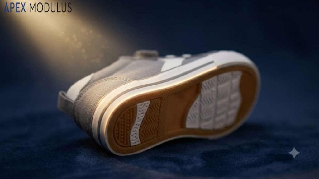 Rear view of a grey toddler sneaker on dark blue velvet, showing the patterned sole and highlighted by a beam of golden light.