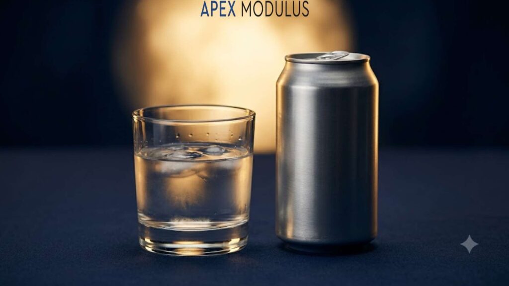 A glass tumbler filled with iced water next to a plain aluminum can on a dark navy surface, backlit by a warm golden glow.