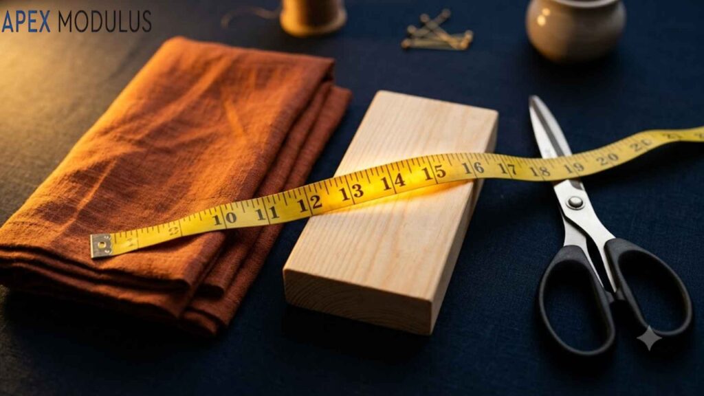 A yellow measuring tape draped over folded orange fabric, a wooden block, and scissors on a dark navy surface.