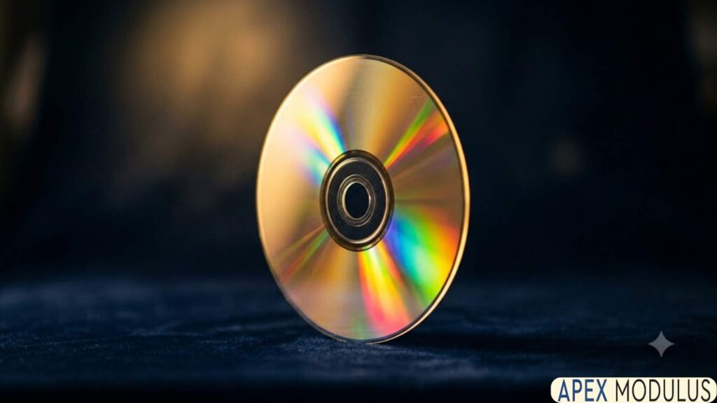 A CD stands upright on its edge on a dark velvet surface. Its reflective data side catches the light, creating a vibrant, multi-colored spectrum and rainbow pattern across the disc.