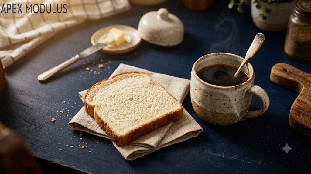 A rustic breakfast scene with coffee, toast, and butter on a blue wooden table.