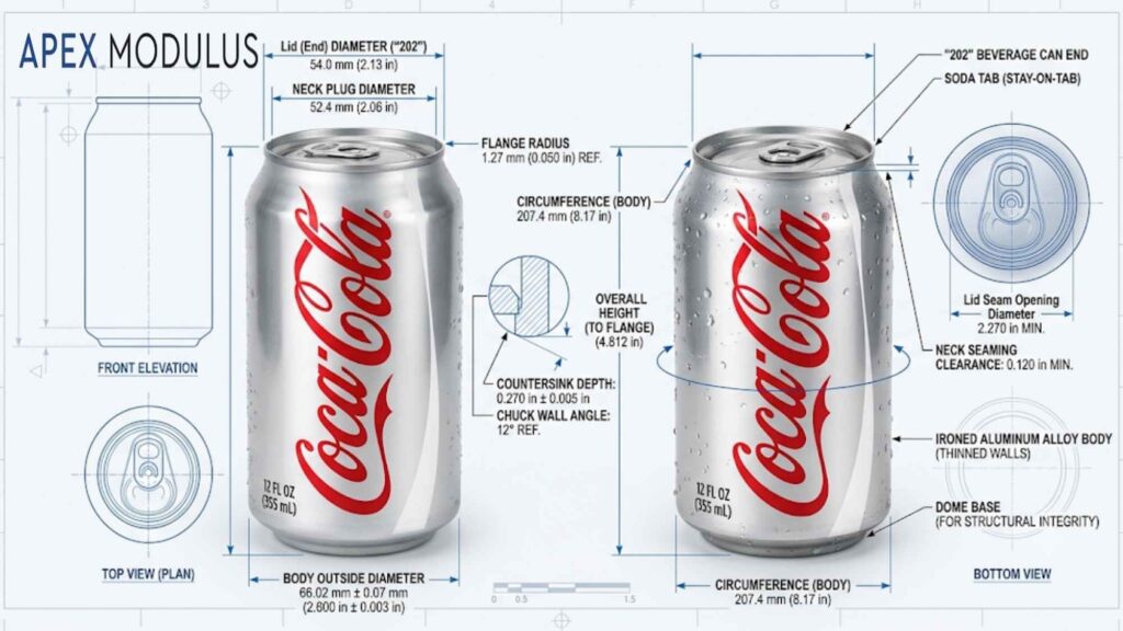 It's an engineering blueprint of a Coca-Cola can with technical dimensions.