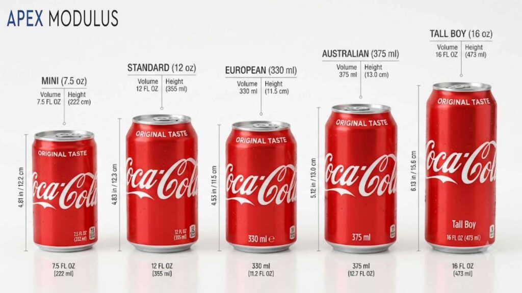 A size comparison of five differently sized Coca-Cola cans—Mini, Standard, European, Australian, and Tall Boy—with height and volume measurements on a white background.
