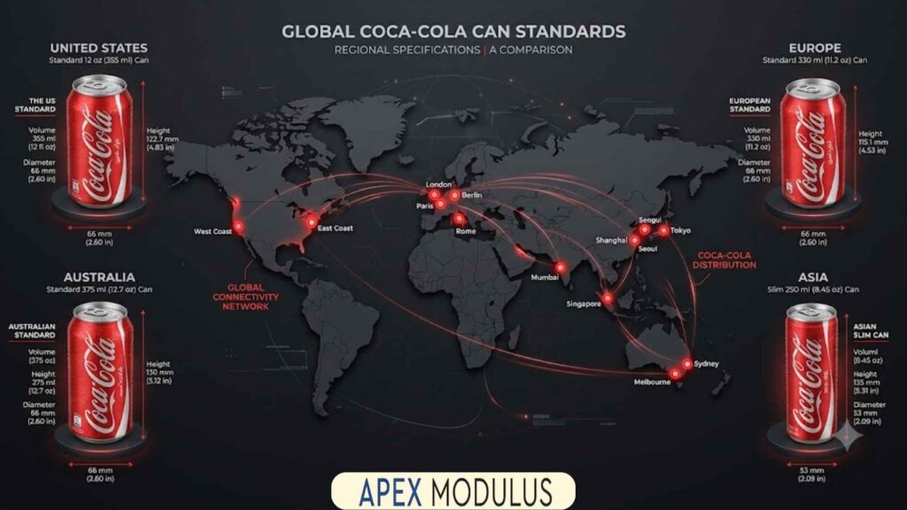 Infographic comparing global Coke can standards across the United States, Europe, Australia, and Asia, with a world map showing distribution networks.
