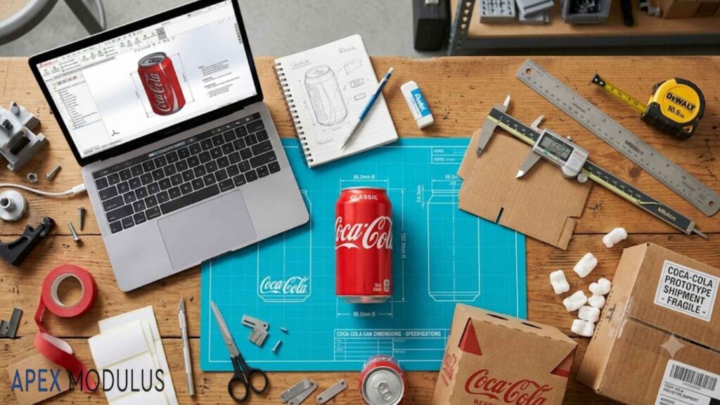 A top-down view of a design workbench featuring a Coke can, a custom cardboard prototype, and various prototyping tools like calipers and a tape measure.
