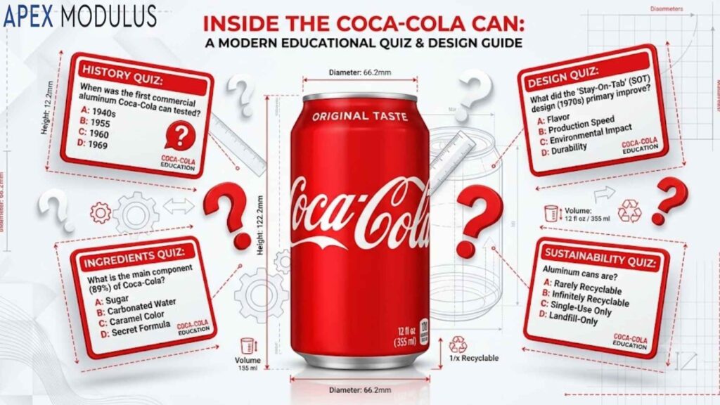 An educational infographic of a Coke can featuring technical specifications and a four-topic multiple-choice quiz on history, design, ingredients, and sustainability.