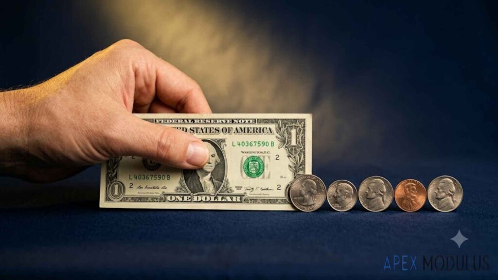 Hand holding a US dollar and a row of coins.