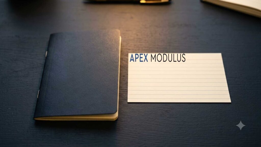 A closed dark 5 inches notebook and a blank lined index card on a dark desk.