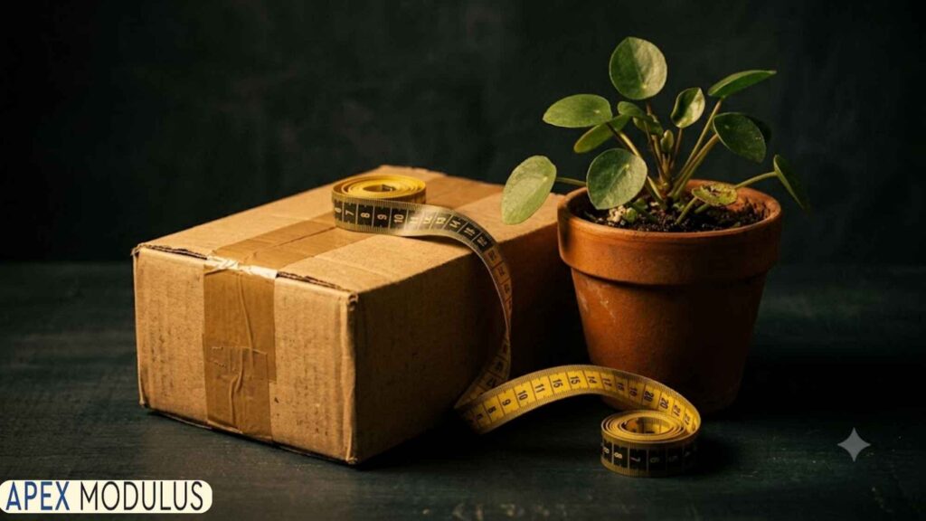 5 inches cardboard box, measuring tape, and a small potted plant on a dark surface