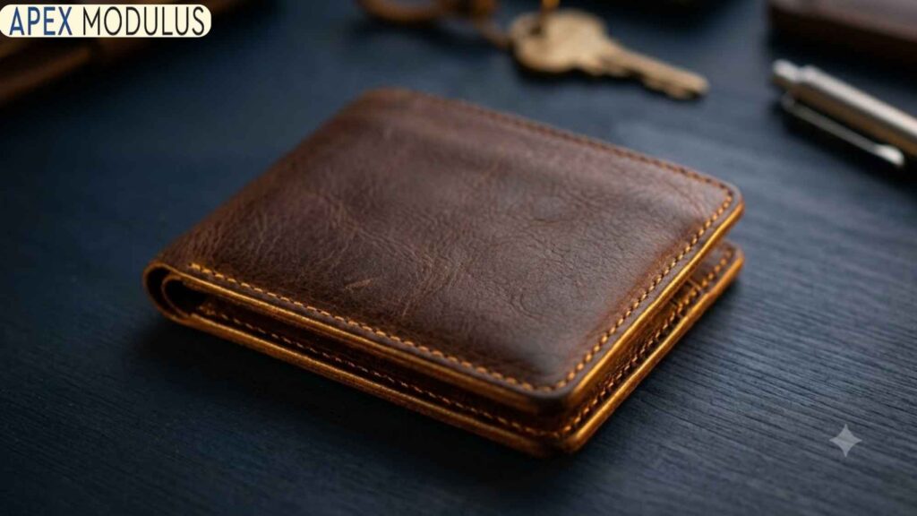 A close-up photograph of a 5 inches dark brown leather bifold wallet with prominent golden stitching, resting on a dark, textured surface with blurred keys and a pen in the background