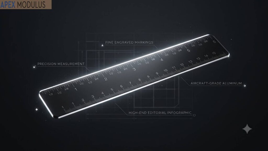 An elegant, edge-lit black ruler floating against a dark background with infographic text.