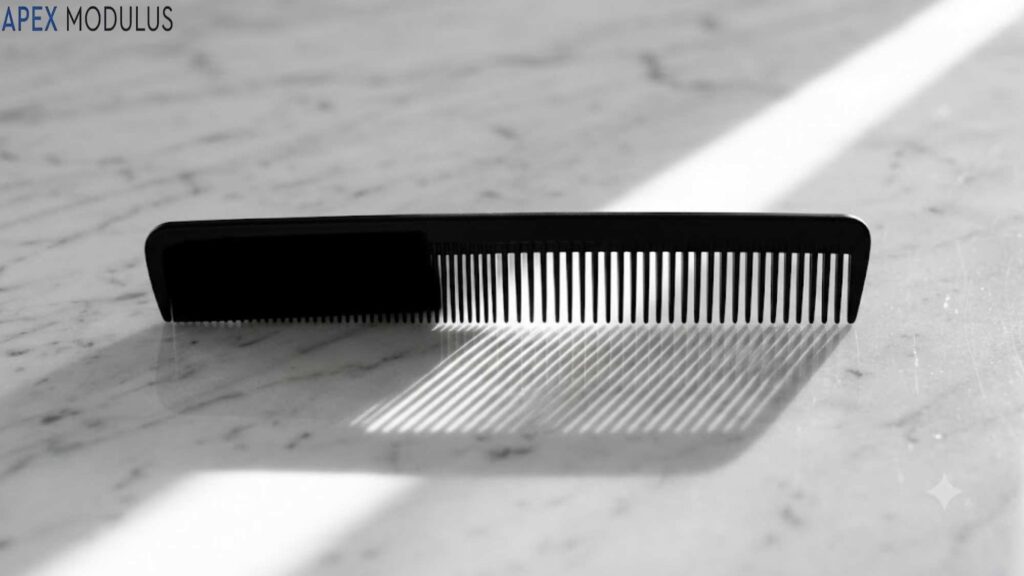 A 7 inches black comb rests on a marble surface, casting a distinct striped shadow.