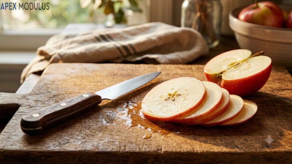 A wooden-handled knife rests next to sliced and halved red apples on a rustic cutting board.