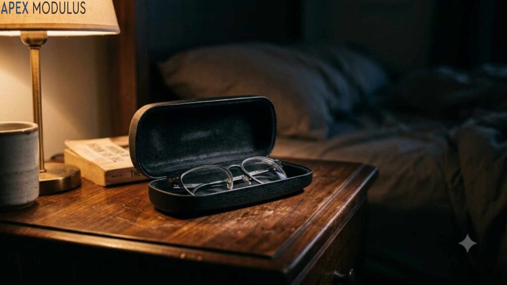 Open eyeglass case with silver frames on a wooden nightstand next to a lit lamp.