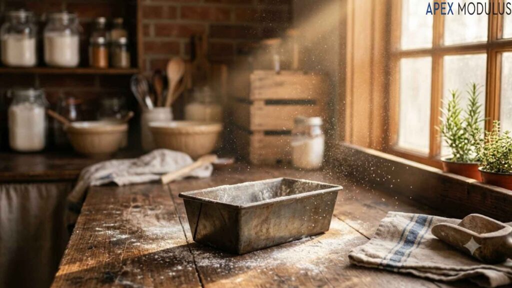 A 7 inches empty, flour-dusted metal loaf pan sits on a rustic wooden counter, illuminated by a warm shaft of sunlight that highlights floating flour particles in the air.