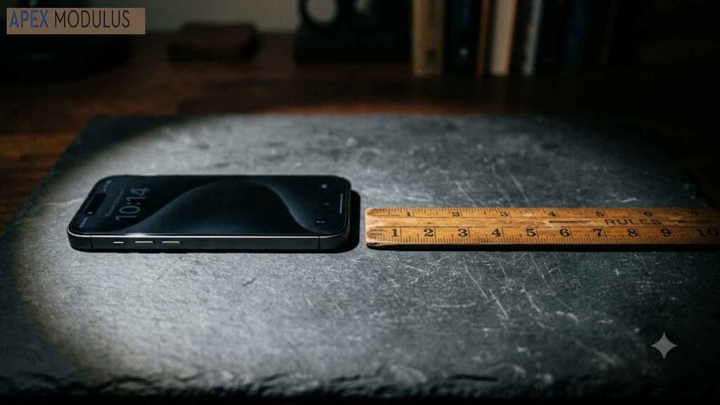 A modern smartphone and a vintage wooden ruler aligned on a dark slate surface, with focused spotlighting.