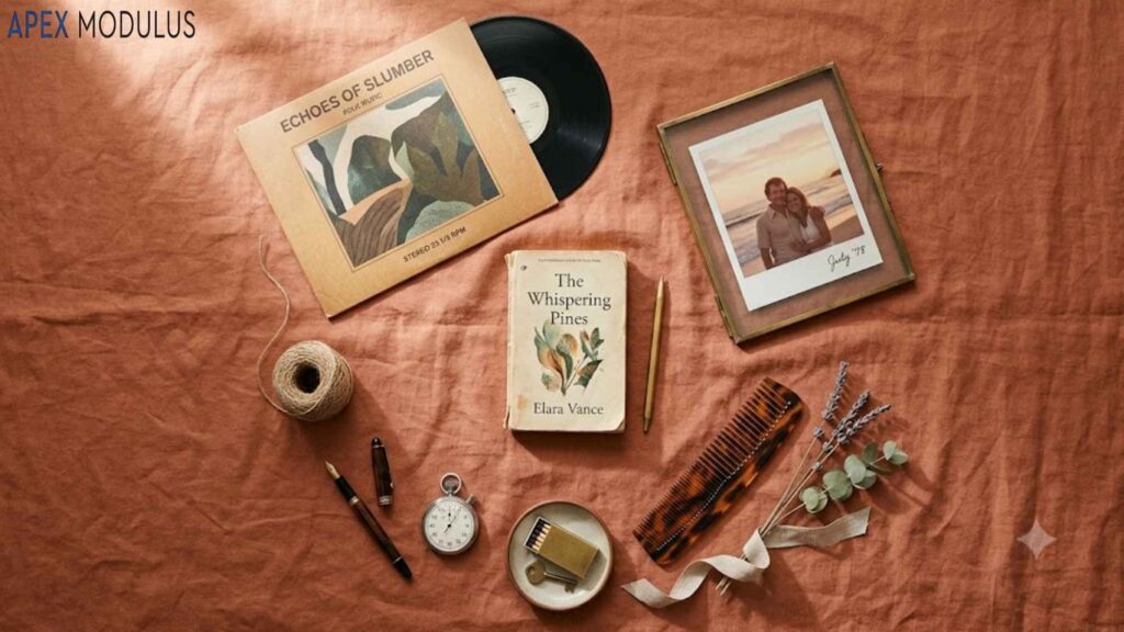 A curated top-down collection of nostalgic vintage 7 inches personal items, including a book, a vinyl record, and a framed photograph, on a textured terracotta cloth with natural light patterns.