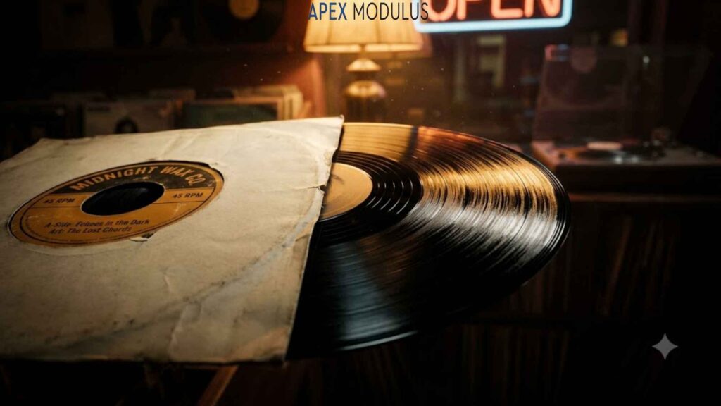 A close-up of a "Midnight Wax Co." vinyl record partially removed from its paper sleeve, in a dimly lit, retro room with a neon "OPEN" sign.