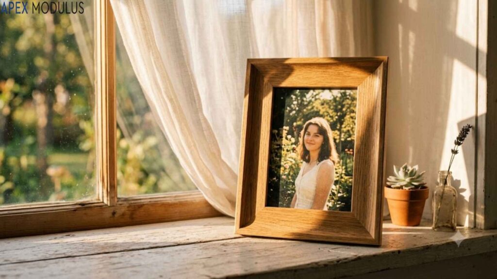 A 7 inches framed portrait of a smiling woman sits on a sunlit rustic windowsill.