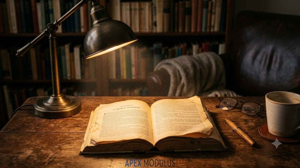 An open antique book resting on a wooden desk, illuminated by the warm glow of a vintage articulated lamp, with packed bookshelves in the cozy background.