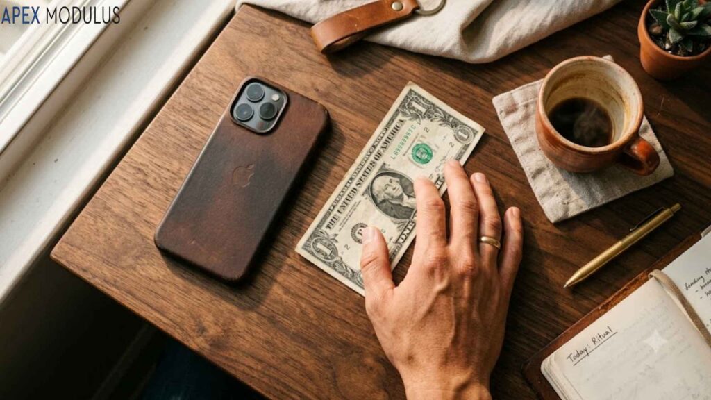 An overhead, flat-lay photo on a dark wood desk shows a hand with a gold ring reaching towards a US one-dollar bill.