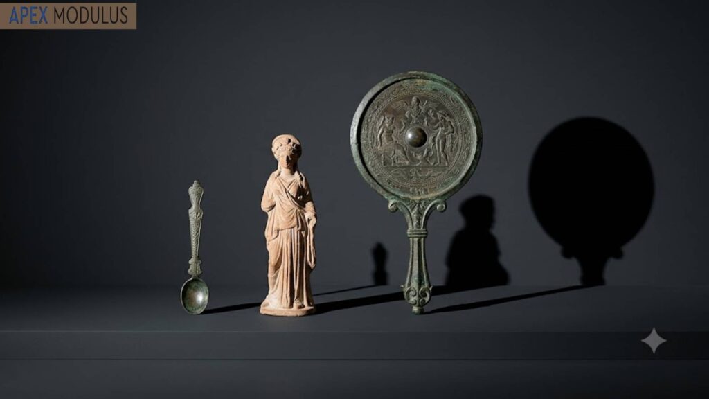 Three ancient classical artifacts—a spoon, a standing female figurine, and a decorated bronze hand mirror—are lined up on a dark grey shelf, with the mirror casting a prominent circular shadow on the wall behind.