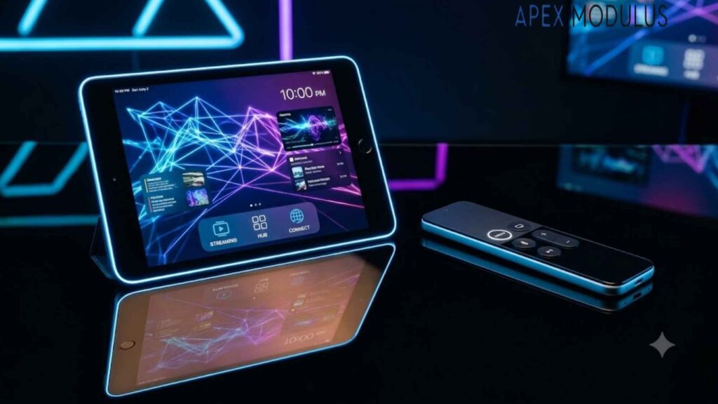 A dark-colored tablet with a glowing cyan edge and a matching remote on a reflective black surface, featuring futuristic geometric light patterns.