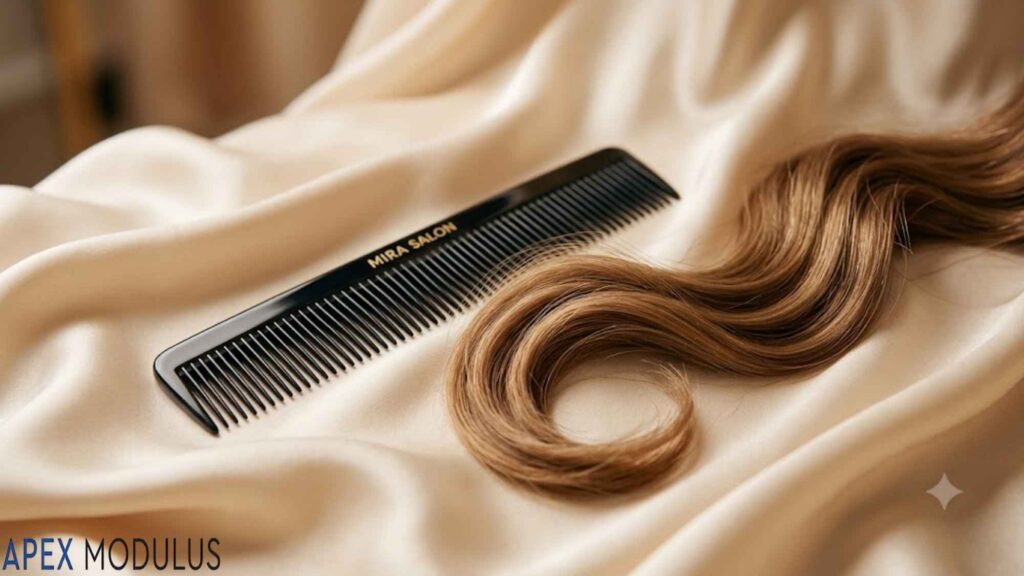 A black 8 inches salon comb and a lock of wavy brown hair resting on draped beige silk fabric.