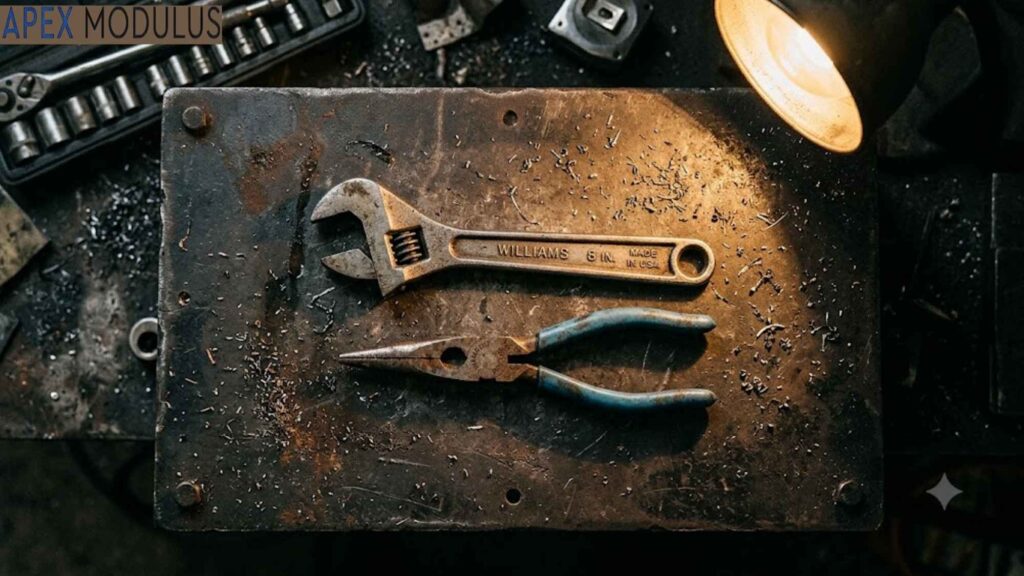 Top-down view of a 8 inches rusty adjustable wrench and blue-handled pliers on a greasy metal surface with scattered workshop debris and tools, under warm lamp light.