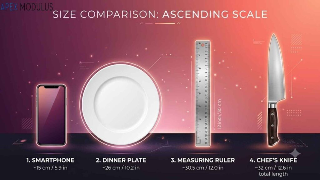 An ascending size comparison infographic for a smartphone, dinner plate, ruler, and chef's knife, complete with cm and inch measurements for each.