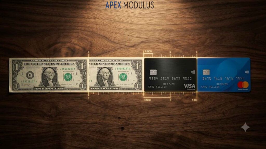 Two 8 inches dollar bills and two credit cards laid end-to-end on dark wood with a glowing measurement overlay.