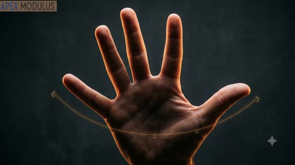 A backlit, outstretched hand against a dark background with a glowing measurement arc curving beneath it.