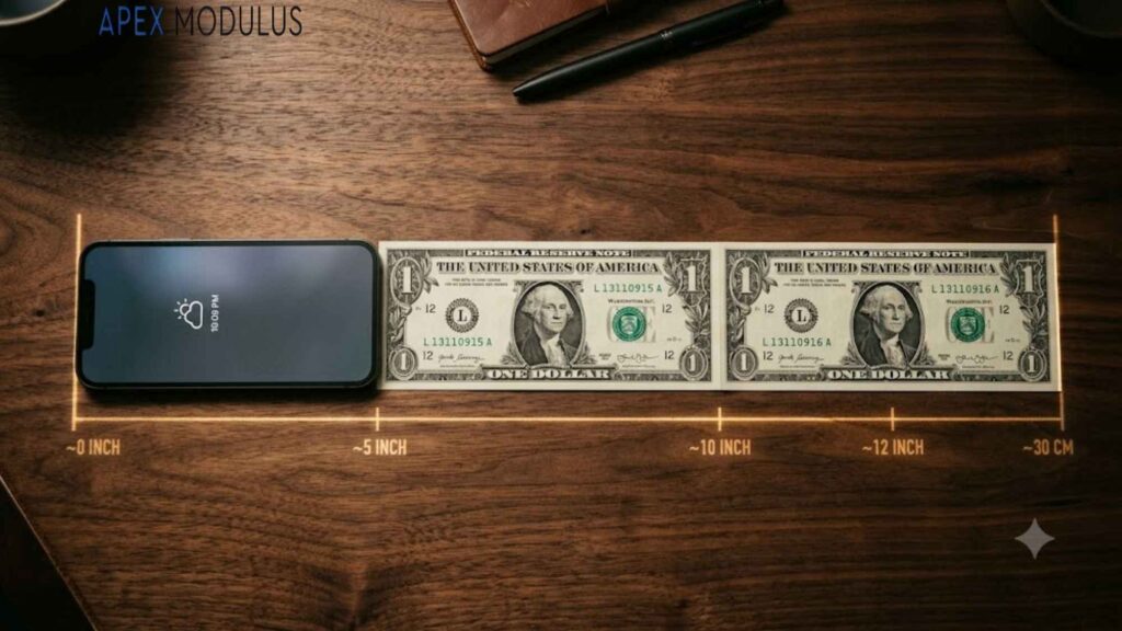 Overhead view of a smartphone and two one-dollar bills on a dark wood table with an overlaid AR measurement guide.
